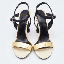Pre Owned Lanvin Gold/Black Leather and Satin Ankle Strap Sandals Size 37