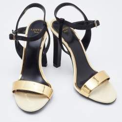 Pre Owned Lanvin Gold/Black Leather and Satin Ankle Strap Sandals Size 37