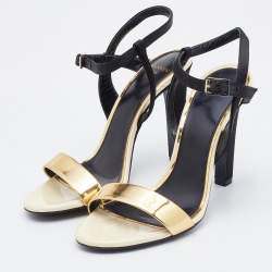 Pre Owned Lanvin Gold/Black Leather and Satin Ankle Strap Sandals Size 37