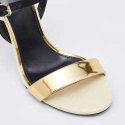 Pre Owned Lanvin Gold/Black Leather and Satin Ankle Strap Sandals Size 37