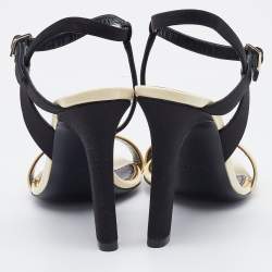 Pre Owned Lanvin Gold/Black Leather and Satin Ankle Strap Sandals Size 37