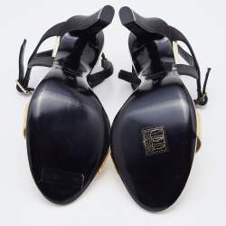 Pre Owned Lanvin Gold/Black Leather and Satin Ankle Strap Sandals Size 37