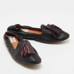 Pre Owned Lanvin Black Leather Tassel Scrunch Smoking Slippers Size 38