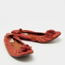 Pre Owned Lanvin Orange Leather Scrunch Ballet Flats Size 40