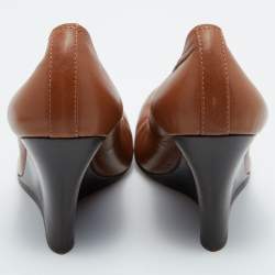 Pre Owned Lanvin Brown Leather Scrunch Wedge Pumps Size 40.5