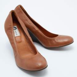 Pre Owned Lanvin Brown Leather Scrunch Wedge Pumps Size 40.5
