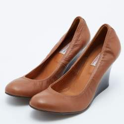 Pre Owned Lanvin Brown Leather Scrunch Wedge Pumps Size 40.5