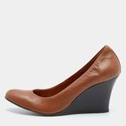 Pre Owned Lanvin Brown Leather Scrunch Wedge Pumps Size 40.5