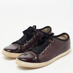 Lanvin Burgundy Leather and Embossed Python Cap Toe Low Top Sneakers Size 37