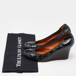 Lanvin Green Python Embossed Leather Wedge Pumps Size 37