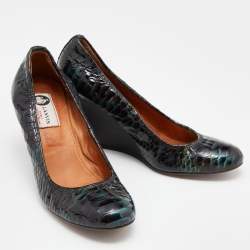 Lanvin Green Python Embossed Leather Wedge Pumps Size 37