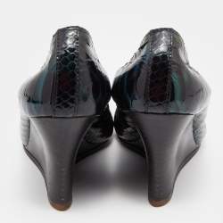Lanvin Green Python Embossed Leather Wedge Pumps Size 37