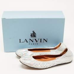 Pre Owned Lanvin Silver Python Embossed Leather Scrunch Ballet Flats Size 38.5
