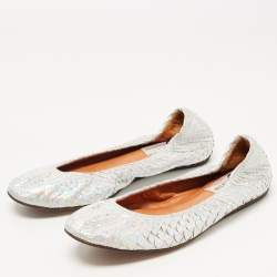 Pre Owned Lanvin Silver Python Embossed Leather Scrunch Ballet Flats Size 38.5