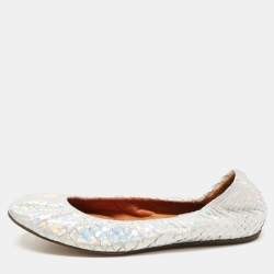Pre Owned Lanvin Silver Python Embossed Leather Scrunch Ballet Flats Size 38.5