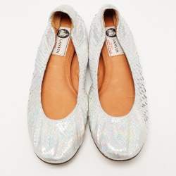 Pre Owned Lanvin Silver Python Embossed Leather Scrunch Ballet Flats Size 38.5