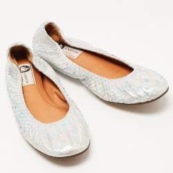Pre Owned Lanvin Silver Python Embossed Leather Scrunch Ballet Flats Size 38.5