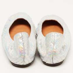 Pre Owned Lanvin Silver Python Embossed Leather Scrunch Ballet Flats Size 38.5