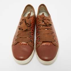 Pre Owned Lanvin Brown Embossed Croc and Leather Low Top Sneakers Size 39