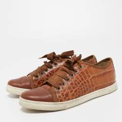 Pre Owned Lanvin Brown Embossed Croc and Leather Low Top Sneakers Size 39