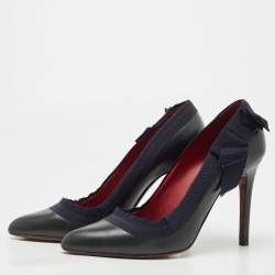 Pre Owned Lanvin Black/Navy Blue Leather and Ribbon Bow Pumps Size 38