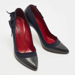 Pre Owned Lanvin Black/Navy Blue Leather and Ribbon Bow Pumps Size 38