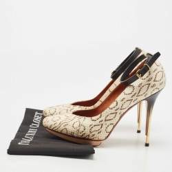 Pre Owned Lanvin Cream/Black Python Leather Ankle Strap Pumps Size 38.5