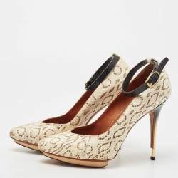 Pre Owned Lanvin Cream/Black Python Leather Ankle Strap Pumps Size 38.5