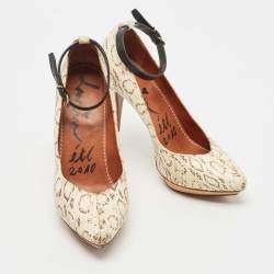 Pre Owned Lanvin Cream/Black Python Leather Ankle Strap Pumps Size 38.5