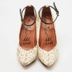 Pre Owned Lanvin Cream/Black Python Leather Ankle Strap Pumps Size 38.5