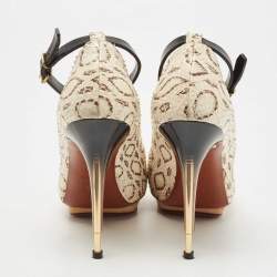 Pre Owned Lanvin Cream/Black Python Leather Ankle Strap Pumps Size 38.5