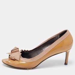 Lanvin Brown Patent Leather And Fabric Grosgrain Bow Peep Toe Pumps Size 41