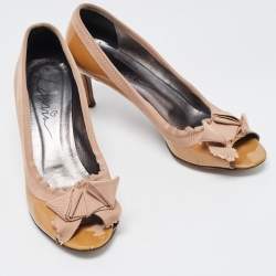 Lanvin Brown Patent Leather And Fabric Grosgrain Bow Peep Toe Pumps Size 41