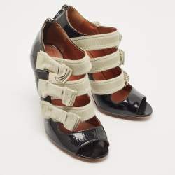 Lanvin Black Patent Leather And Fabric Strappy  Sandals Size 38