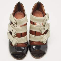 Lanvin Black Patent Leather And Fabric Strappy  Sandals Size 38
