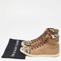 Pre Owned Lanvin Brown Suede and Lizard Embossed Leather High Top Sneakers Size 38