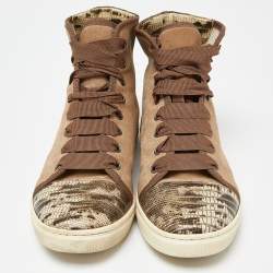 Pre Owned Lanvin Brown Suede and Lizard Embossed Leather High Top Sneakers Size 38
