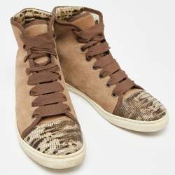 Pre Owned Lanvin Brown Suede and Lizard Embossed Leather High Top Sneakers Size 38