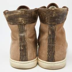 Pre Owned Lanvin Brown Suede and Lizard Embossed Leather High Top Sneakers Size 38