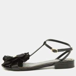 Pre Owned Lanvin Black Patent Leather and Satin Flower Flat Sandals Size 38