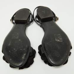 Pre Owned Lanvin Black Patent Leather and Satin Flower Flat Sandals Size 38