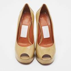 Pre Owned Lanvin Olive Green Textured Leather Peep Toe Platform Pumps Size 35