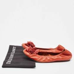 Pre Owned Lanvin Orange Leather Flower Scrunch Ballet Flats Size 37.5