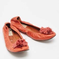 Pre Owned Lanvin Orange Leather Flower Scrunch Ballet Flats Size 37.5