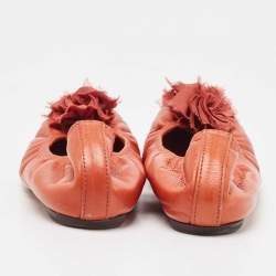 Pre Owned Lanvin Orange Leather Flower Scrunch Ballet Flats Size 37.5