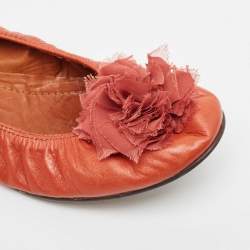 Pre Owned Lanvin Orange Leather Flower Scrunch Ballet Flats Size 37.5