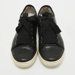 Pre Owned Lanvin Black Leather and Snakeskin Cap Toe Low Top Sneakers Size 37