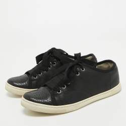 Pre Owned Lanvin Black Leather and Snakeskin Cap Toe Low Top Sneakers Size 37