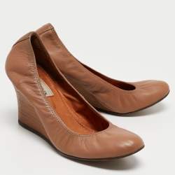 Pre Owned Lanvin Brown Leather Scrunch Wedge Pumps Size 37