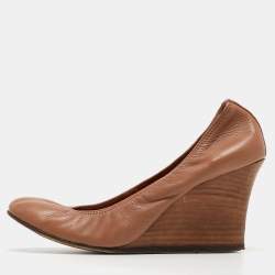 Pre Owned Lanvin Brown Leather Scrunch Wedge Pumps Size 37